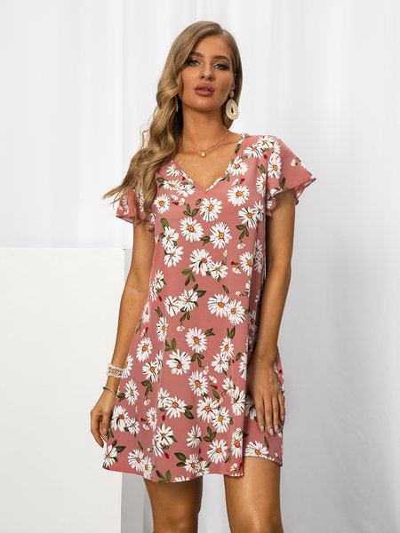 

Floral V Neck Short Sleeve Weaving Dress, Pink, Dresses