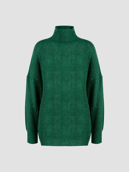 

Casual Solid Turtleneck Long Sleeve Sweater, Green, Women's Clothing