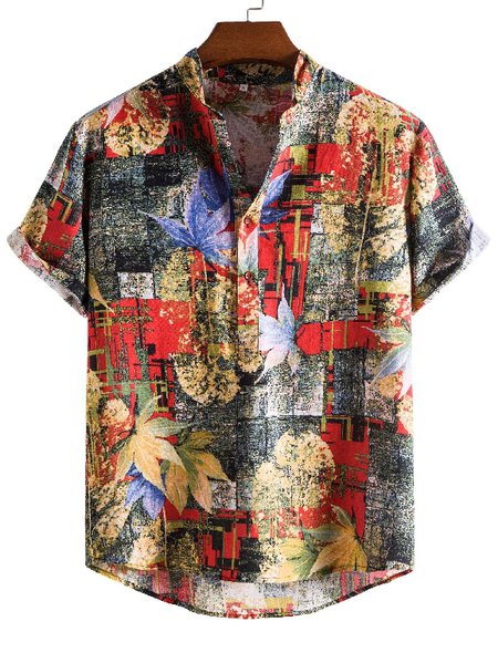 

Men's National Style Short Sleeve Casual Loose Shirt, Red, Men's shirts