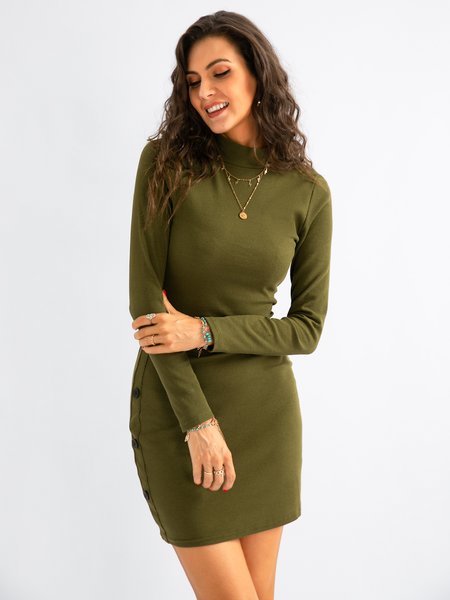 

Long Sleeve Turtleneck Dresses, Army green, Casual Dresses