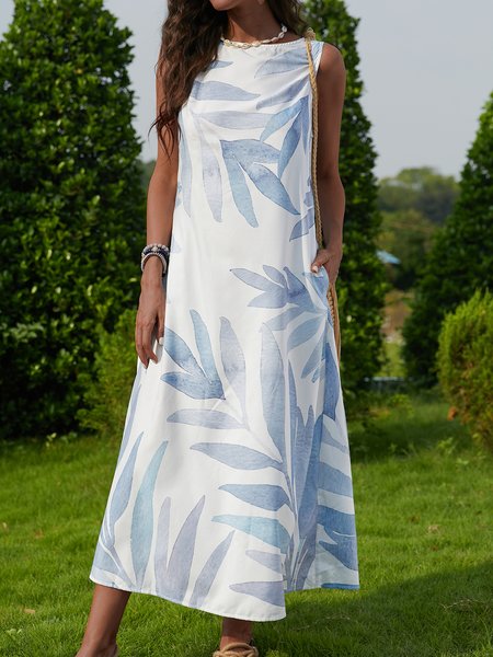 

Casual Leaves Sleeveless Dresses, Blue, Floral Dresses