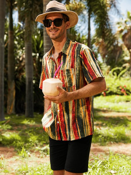 

Men's Striped Printed Casual Loose Lapel Short Sleeve Shirt, Orange, Shirts ＆ Blouse