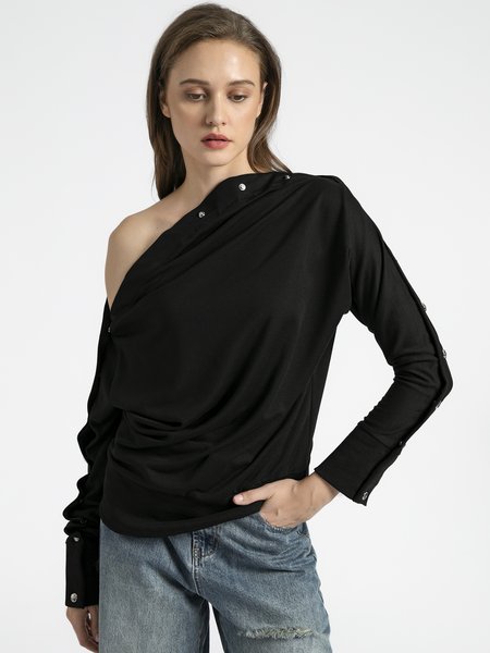 

One Shoulder Vintage Shift Work Top, Black, Tops