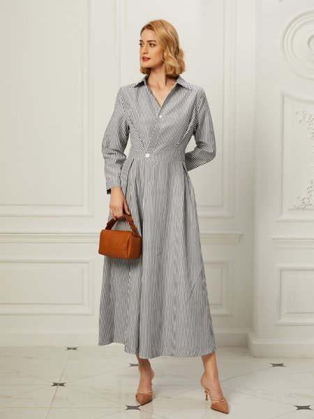 

Casual Striped Shirt Collar Midi Dress, Black-white, Dresses