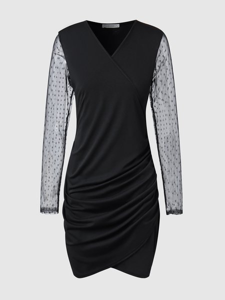 

V Neck Patchwork Fitted Dress, Black, Mini Dresses