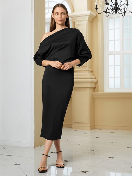 

Asymmetrical Neck Skinny Plain Midi Dress, Black, Dresses