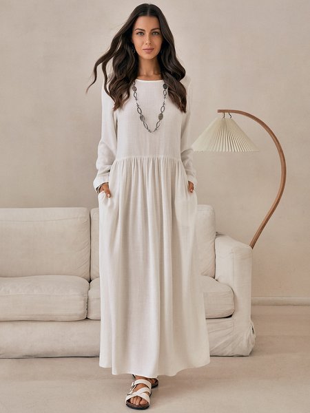 

Cotton Plain Crew Neck Long Sleeve Dresses, White-black, Maxi Dresses