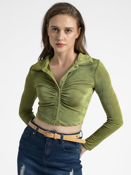 

Shawl Collar Sheath Cotton Vintage Blouse, Green, Blouses and Shirts