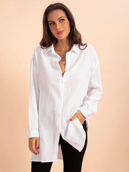 

Simple Cotton Shirt Collar Buttoned Dresses, White, Casual Dresses