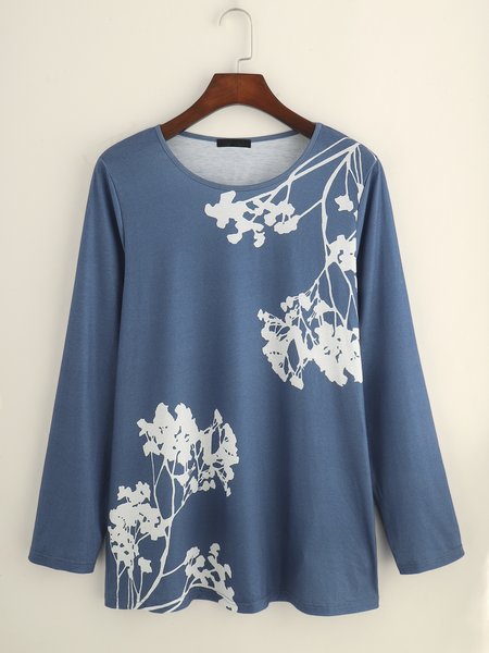 

Casual Floral Crew Neck Shift Shirts & Tops, Blue, Auto-clearance