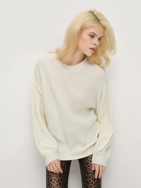 

Round Neck Loosen Sexy Pullover, White, Pullovers