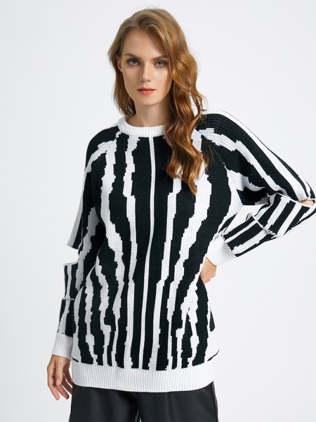

Casual Geometric Crew Neck Sweater, As picture, Pullovers