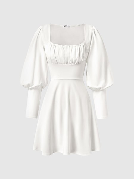 

Puff Sleeve Square Neck Ruched Dress, White, Mini Dresses