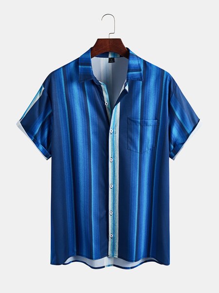 

Hawaiian Retro Striped Men's Casual Short-sleeved Shirt, Blue, Shirts ＆ Blouse