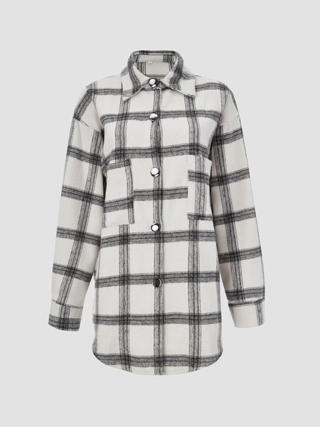 

New long sleeved Plaid Shirt Medium Length coat, White, Women's Clothing