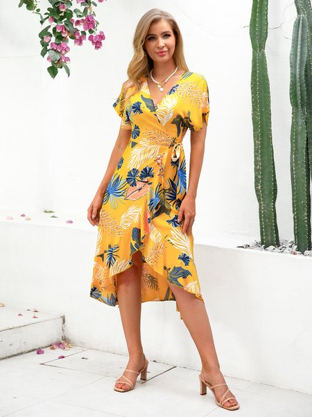 

Short Sleeve Polyester Cotton V Neck A-Line Weaving Dress, Yellow, Dresses