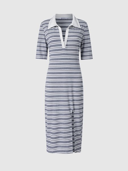 

Casual Striped Slit Fitted Dress, Gray-white, Maxi Dresses