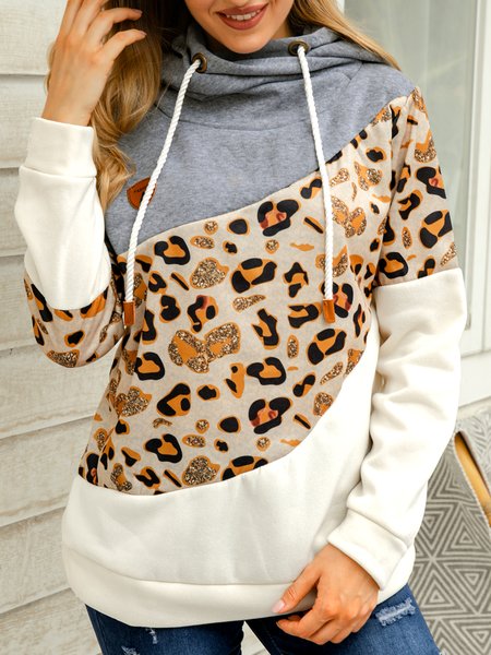 

Leopard Casual Long Sleeve Paneled Hoodie Sweatshirts, Gray, Hoodies & Sweatshirts
