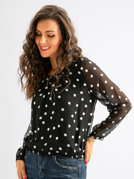 

Polka Dots Long Sleeve Elegant Shirts & Tops, Black, Long sleeve tops