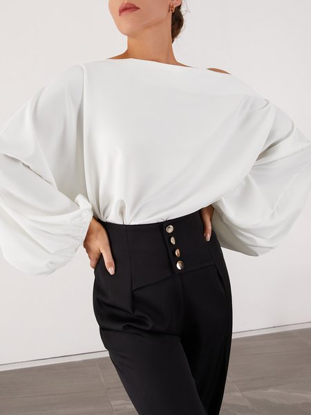 

Spring Asymmetrical Neck Loosen Simple Lightweight Daily Tops, White, Tops