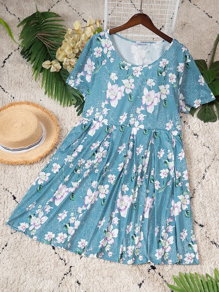 

Short Sleeve Printed Casual Weaving Dress, Blue, Auto-clearance