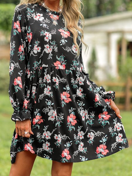 

Long Sleeve Boho Floral Stand Collar Mini Dresses, Black, Dresses