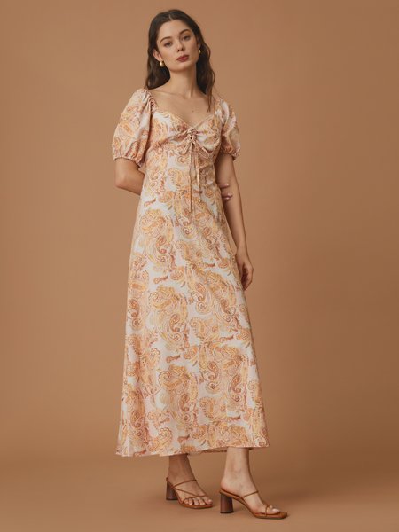 

Paisley Puff Sleeve Satin Square Neck Elegant Dress, As picture, Mini Dresses