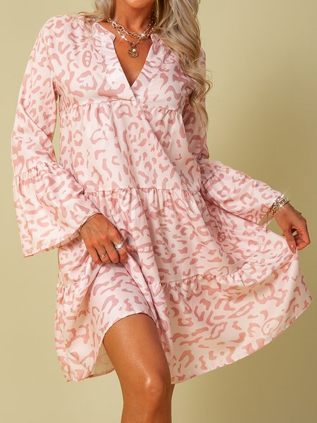 

Shift V Neck Leopard Casual Dresses, Pink, Midi Dresses