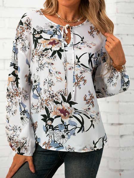 

Long Sleeve Floral V Neck Shift Tops, White, Blouses & Shirts