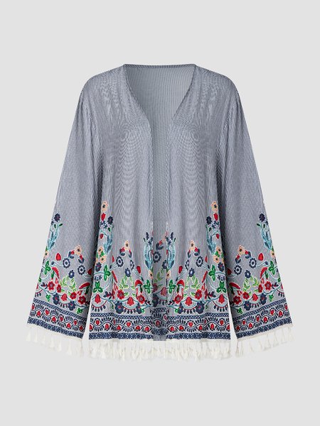 

Collarless Floral Loosen Outerwear, Blue, Cardigans