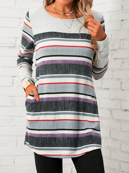 

Stripes Sheath Vintage Crew Neck Tops, Gray purple, Blouses & Shirts