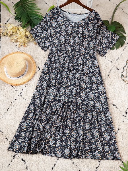 

Plus Size Short Sleeve Floral Boho Weaving Dress, Black, Dresses