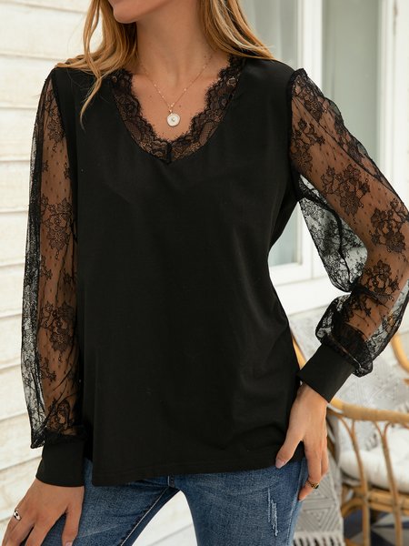 

Romantico Pizzo Scollo a V Dritto Bohemian Top, Nero, Blouses & Shirts