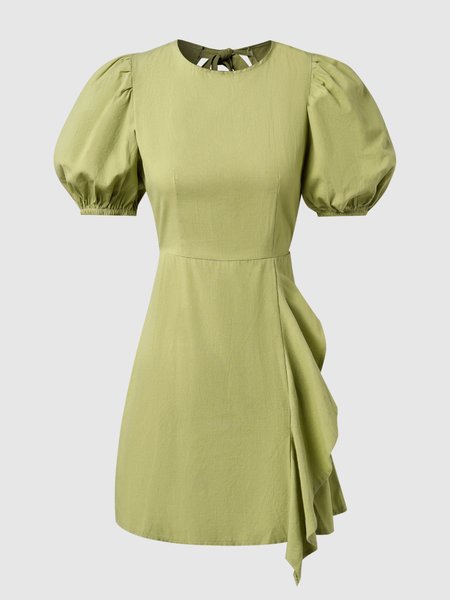 

Cotton Solid Bishop Sleeve Casual Weaving Dress, Green, Mini Dresses