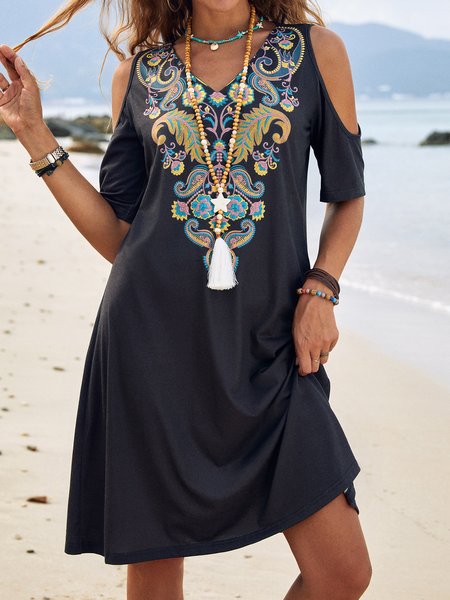 

Shift Holiday V Neck Tribal Weaving Dress, Black, Boho dresses