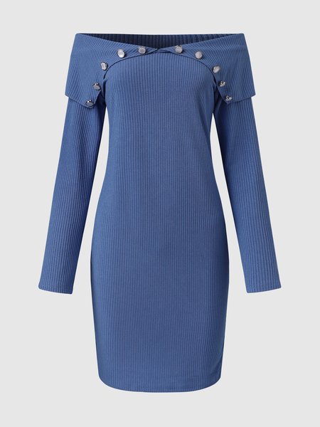 

Lapel Solid Casual Knitting Dress, Blue, Mini Dresses