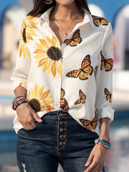 

Long Sleeve Cotton-Blend Floral Shirt Collar Blouse, White, Shirts & Blouses