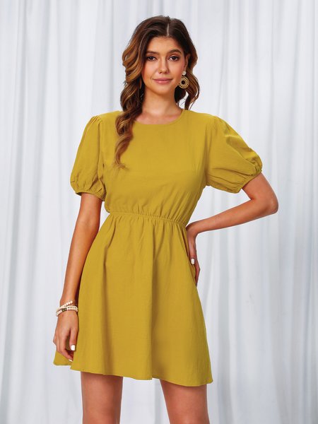 

V Neck Sweet Polyester Fibre Short Sleeve Weaving Dress, Yellow, Dresses
