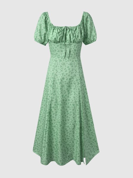

Puff Sleeve Floral Printed Side Slit Dress, Green, Maxi Dresses