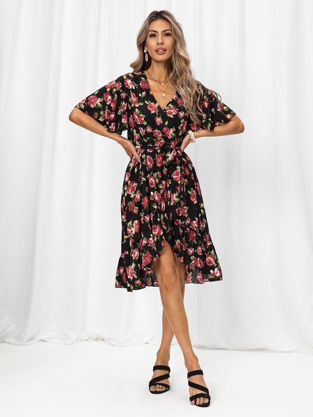 

Sweet A-Line Short Sleeve Floral Weaving Dress, Black, Dresses