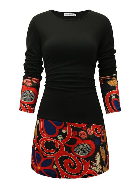 

Long Sleeve Cotton Crew Neck Vintage Knitting Dress, Black, Dresses