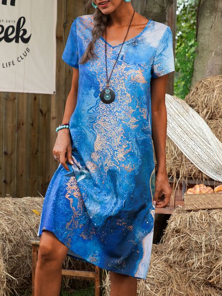 

V Neck Casual Ombre/tie-Dye Weaving Dress, Navy blue, Casual Dresses