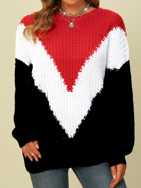 

Crew Neck Geometric Long Sleeve Cocoon Sweater, Red, Knitwear & Sweaters