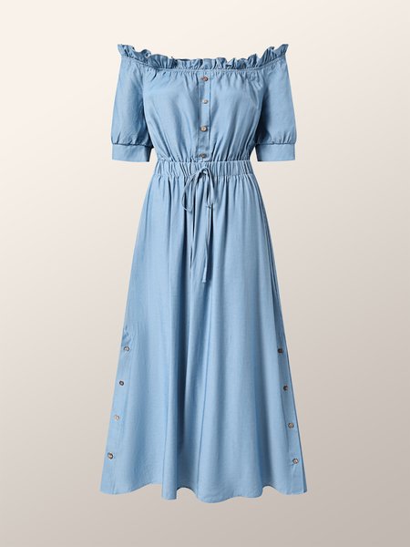 

Summer A-line Vacation Off The Shoulder Regular Fit Lightweight Dresses, Blue, Dresses