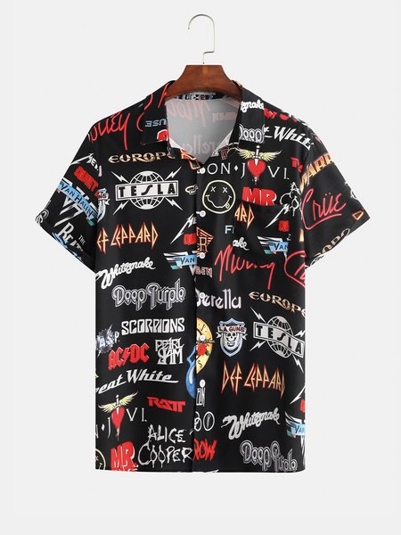 

Mens Rock and Roll Punk Random Print Pocket Lapel Casual Loose Short Sleeve Shirt, Black, Men's Floral shirt