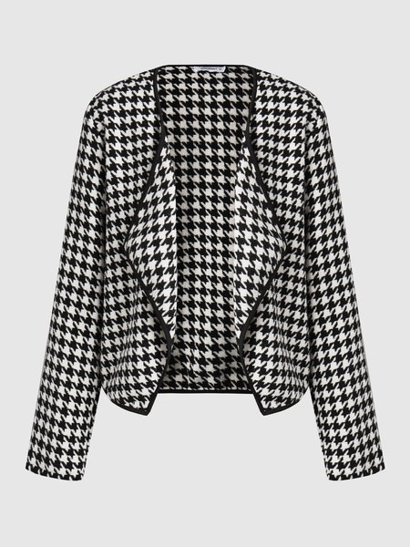 

Piping Elegant Lapel Houndstooth Jacket, Gray, Jackets