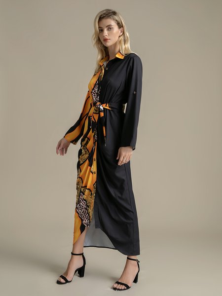 

Shirt Collar Long Sleeve Color-Block Vintage Dress, As picture, Midi Dresses