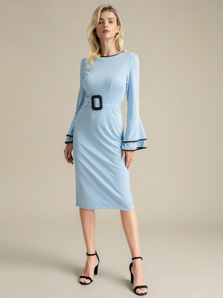 

Solid Long Sleeve Elegant Crew Neck Dress, Blue, Midi Dresses