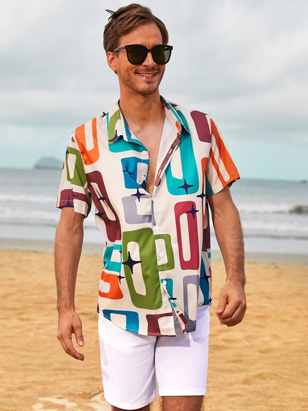 

Geometric Shirt Collar Shirts & Tops, Blue, Shirts