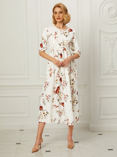 

Elegant Crew Neck Long Sleeve Woven Dress, Beige, Dresses